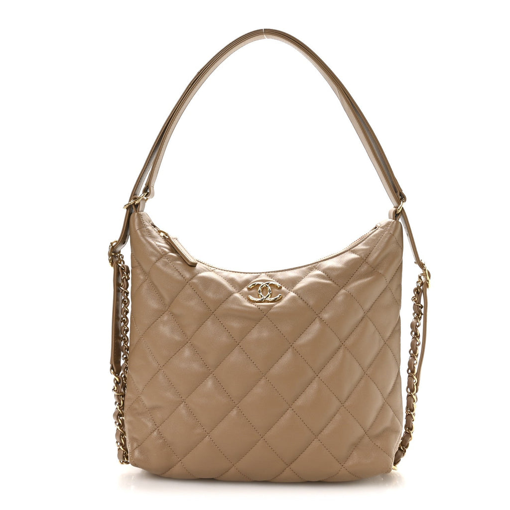 Chanel Lambskin Quilted Hobo Beige