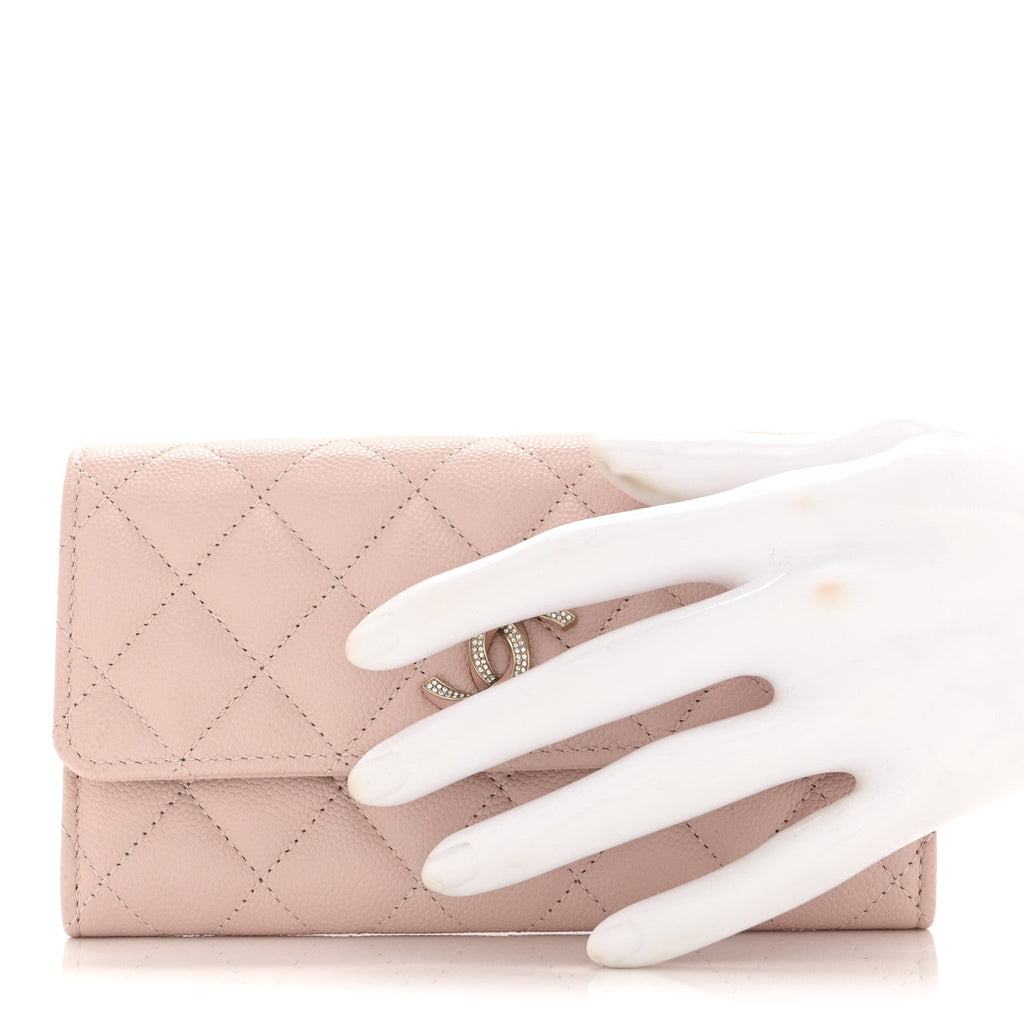 Caviar Quilted Enamel Crystal CC Flap Wallet Light Pink