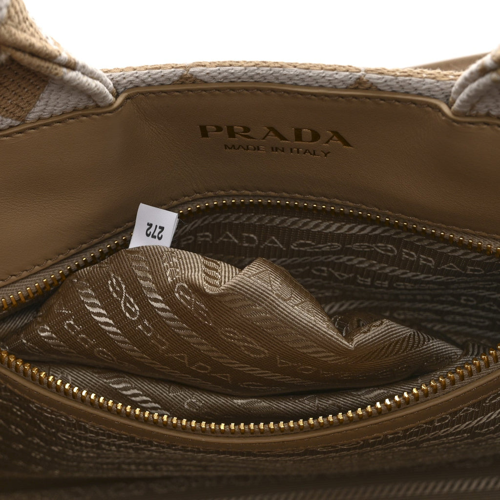 Prada Jacquard Saffiano Triangolo Symbole Embroidered Small Tote Corda Talco