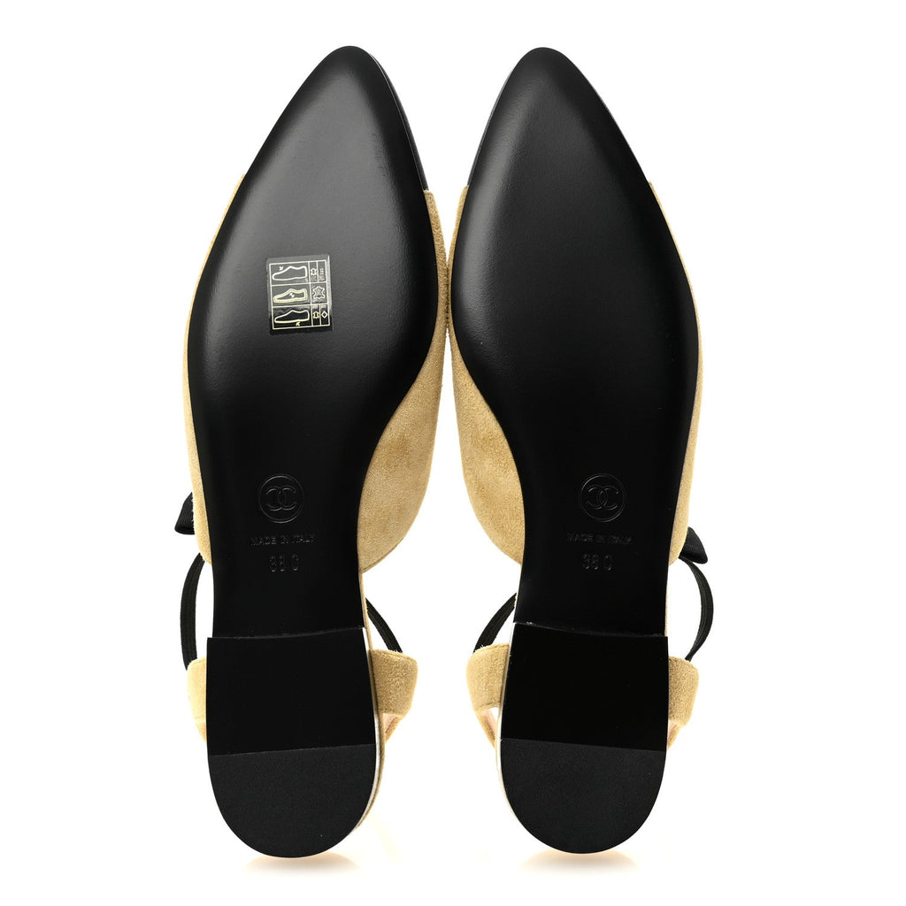 Chanel Suede Grosgrain Bow Cap Toe CC Slingback Flats 38 Beige Black