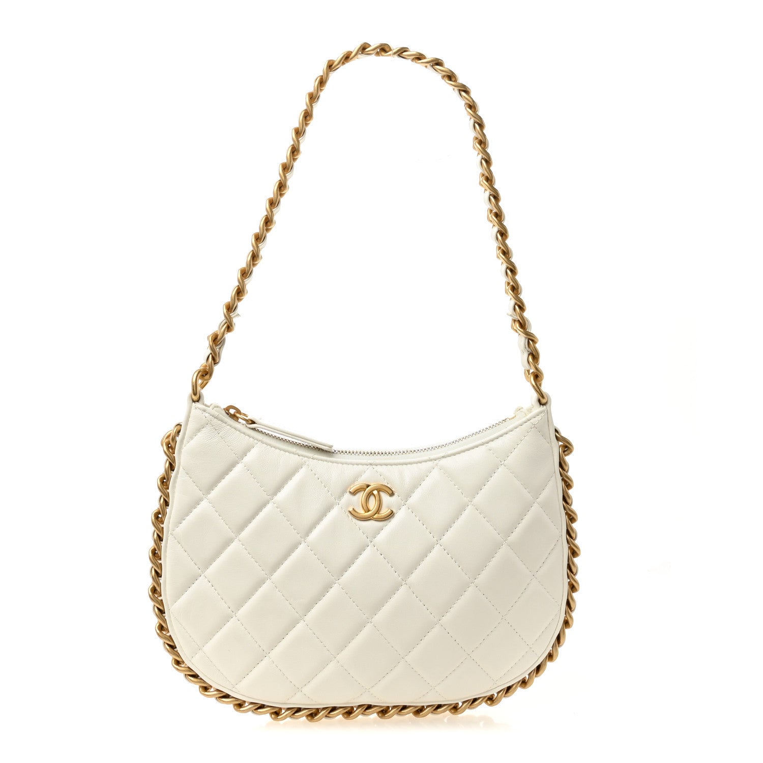 Chanel Shiny Crumpled Lambskin Quilted Trendy Chain Around Hobo White
