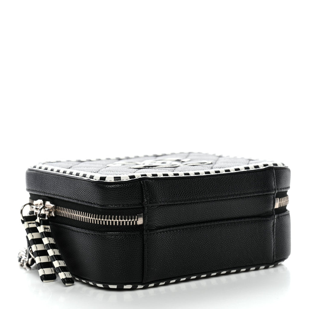 Chanel Caviar Quilted Striped Small CC Filigree Vanity Case Black White