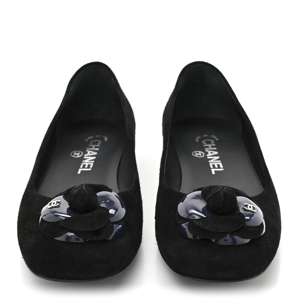 Chanel Suede Patent Camellia CC Ballerina Flat 37 Navy Black