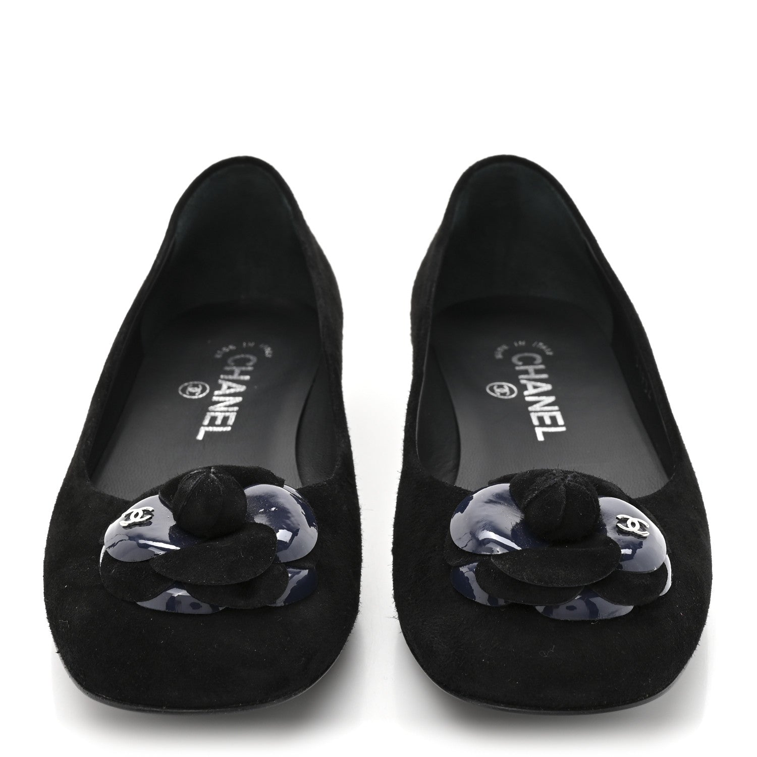 Chanel Suede Patent Camellia CC Ballerina Flat 37 Navy Black
