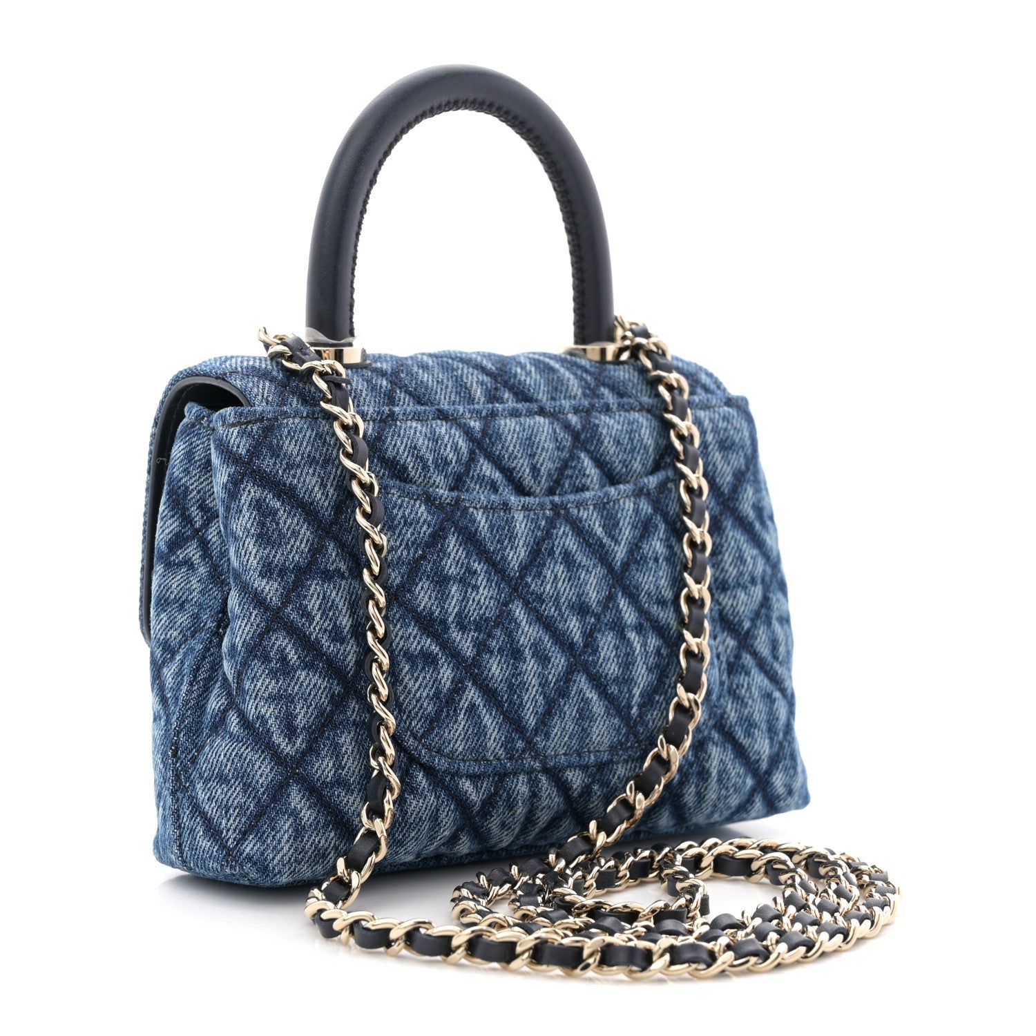 Chanel Washed Denim Quilted Coco Handle Clutch With Chain Blue