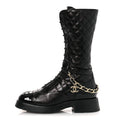 Chanel Shiny Calfskin Patent Quilted Chain Lace Up Combat Long Boots 37 Black