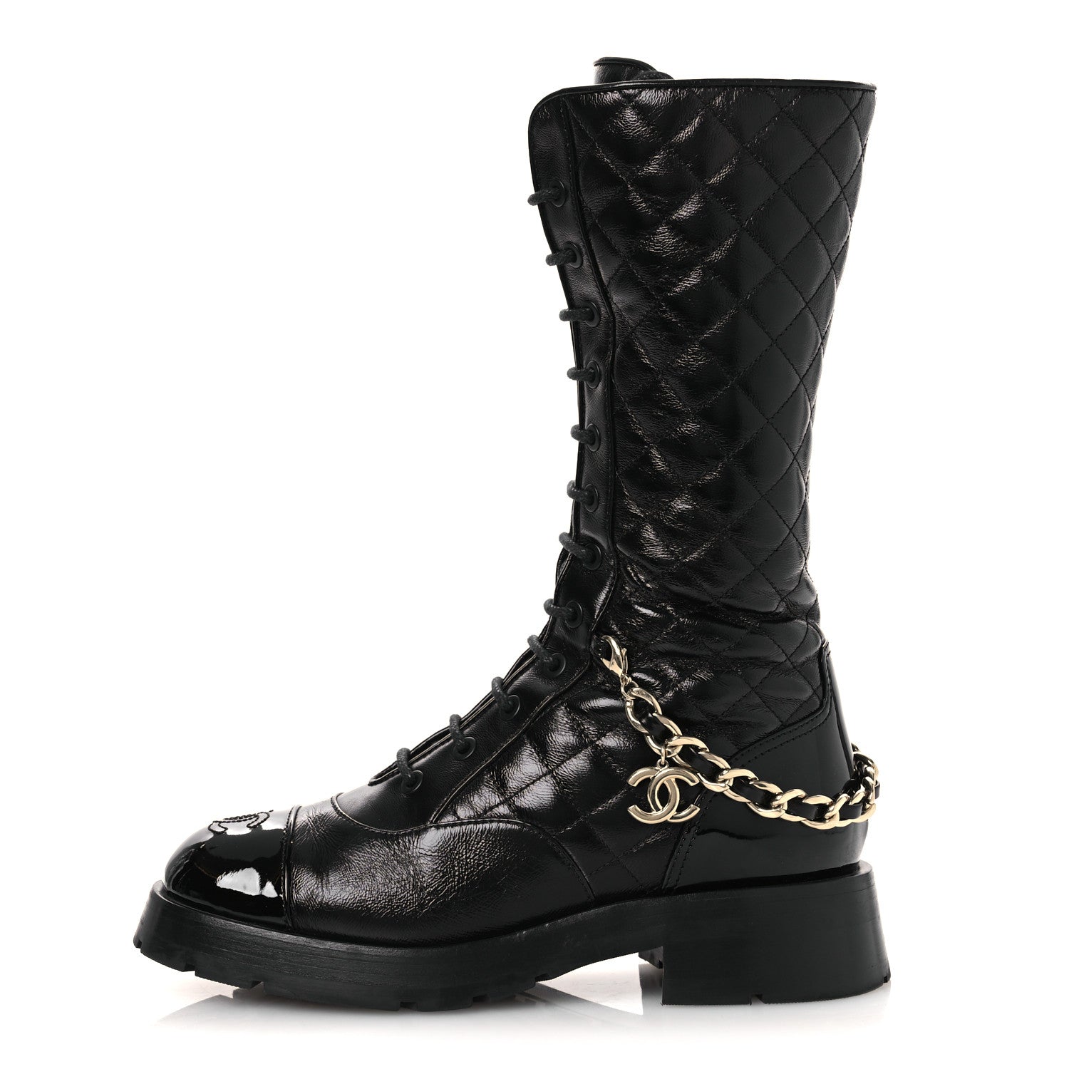 Chanel Shiny Calfskin Patent Quilted Chain Lace Up Combat Long Boots 37 Black