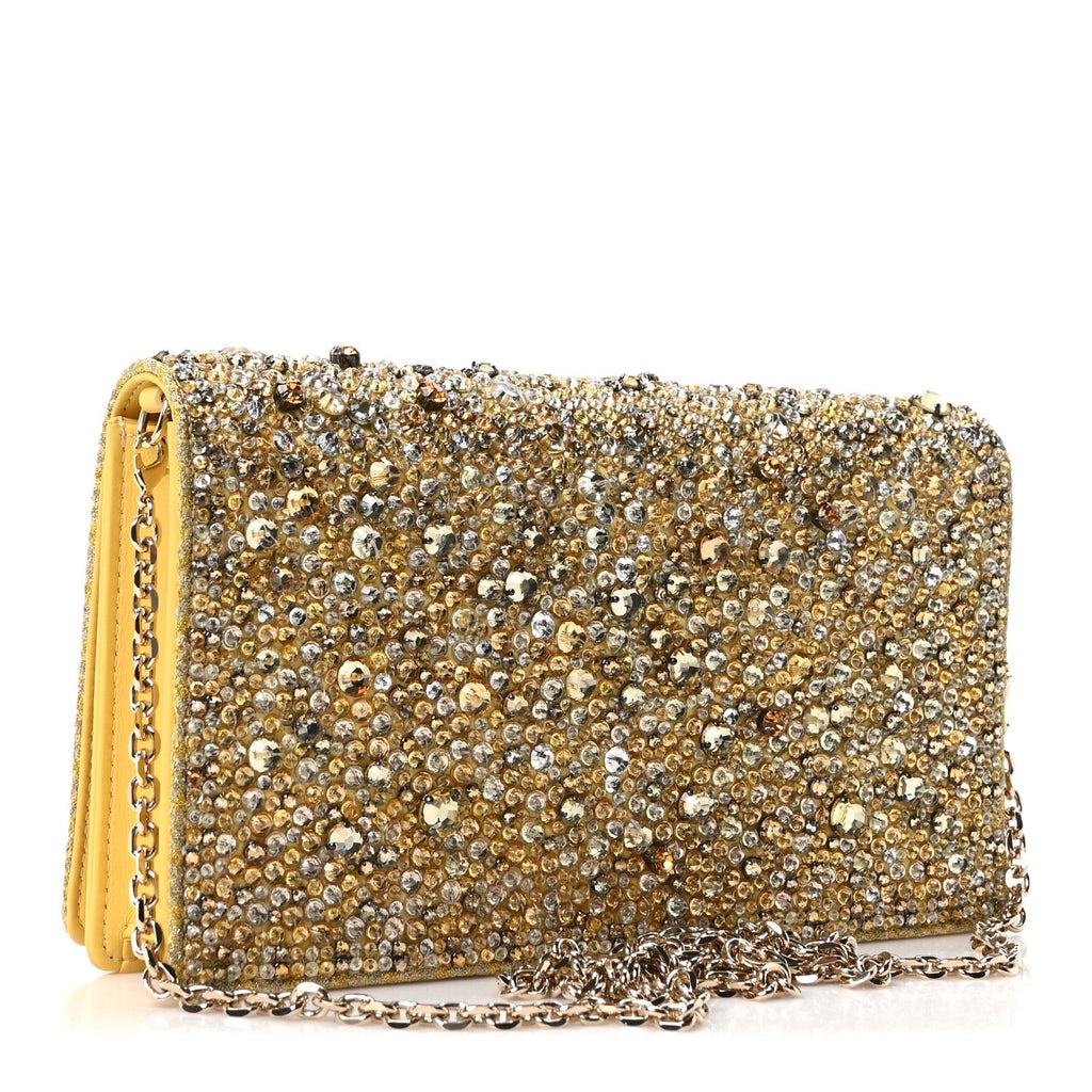 Christian Dior Calfskin Satin Bead Embroidery Lady Dior Clutch Gold Yellow
