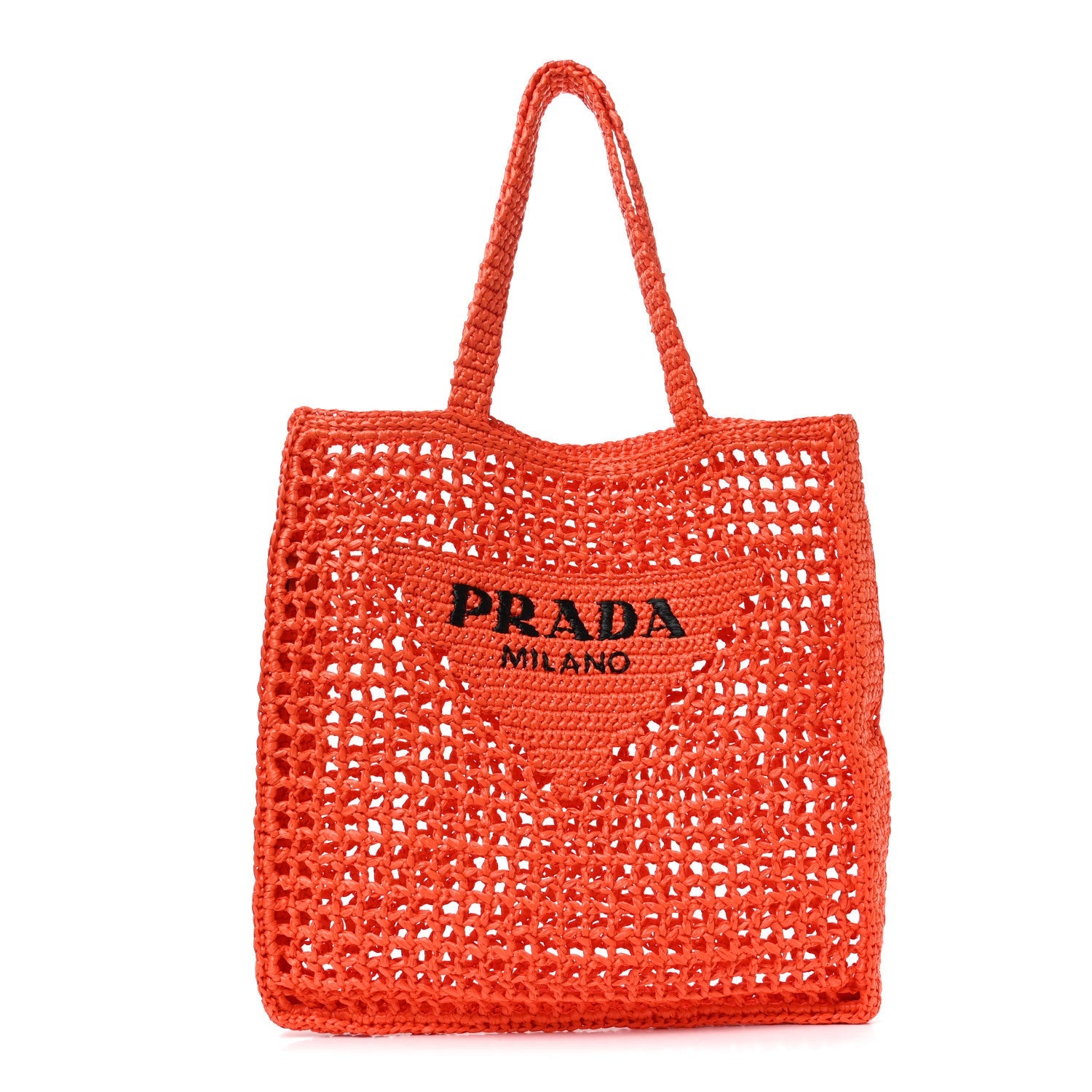 Prada Yarn Raffia Effect Crochet Logo Embroidered Tote Bag Arancio