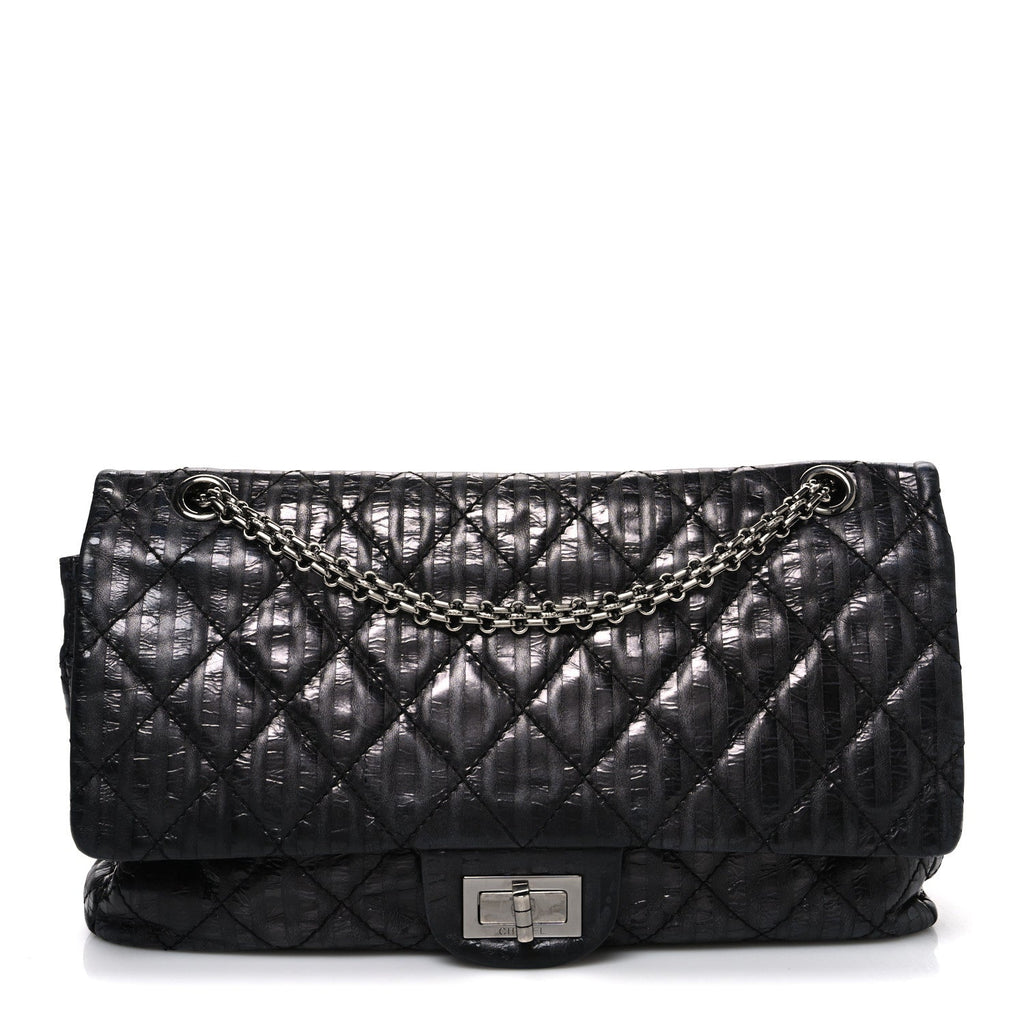 Chanel Metallic Calfskin Striped 2.55 Reissue 227 Flap Black