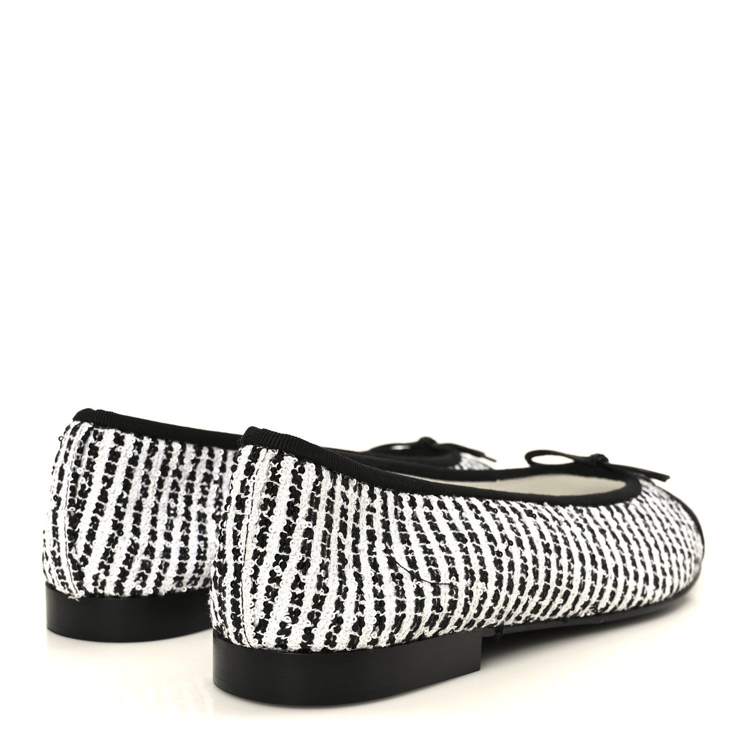 Chanel Tweed Sequin Grosgrain Cap Toe Ballerina Flats 39.5 Black White