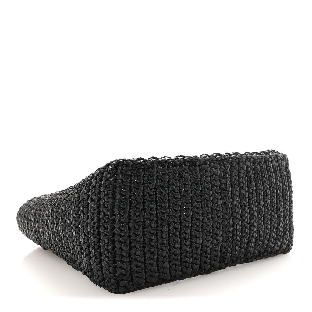 Prada Yarn Raffia Effect Crochet Logo Embroidered Small Tote Bag Black