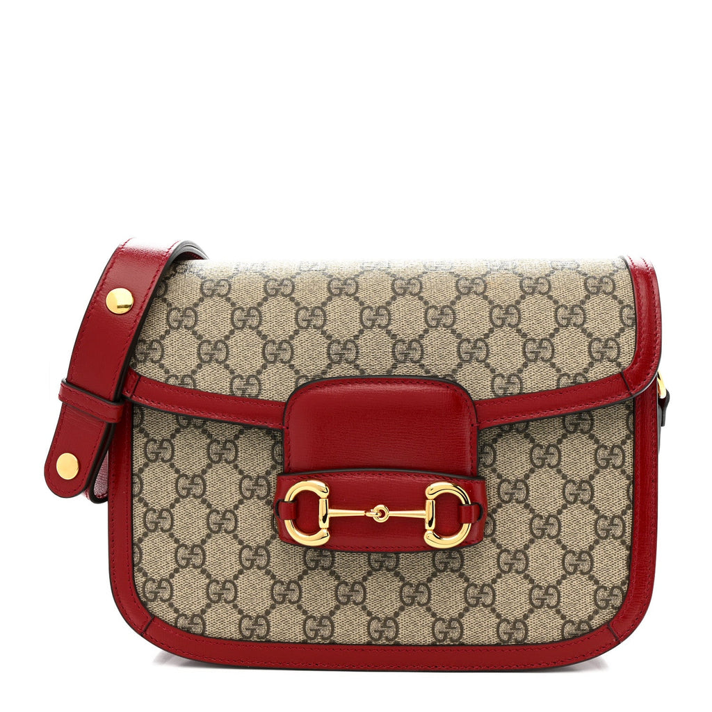 Gucci GG Supreme Monogram Azalea Calfskin Horsebit 1955 Shoulder Bag Beige Ebony New Cherry Red