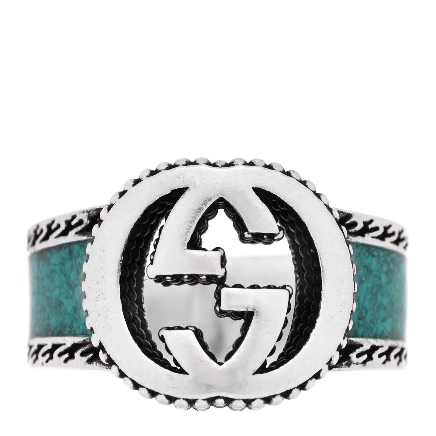 Gucci Sterling Silver Enamel Interlocking G Band Ring 50 5.5 Turquoise