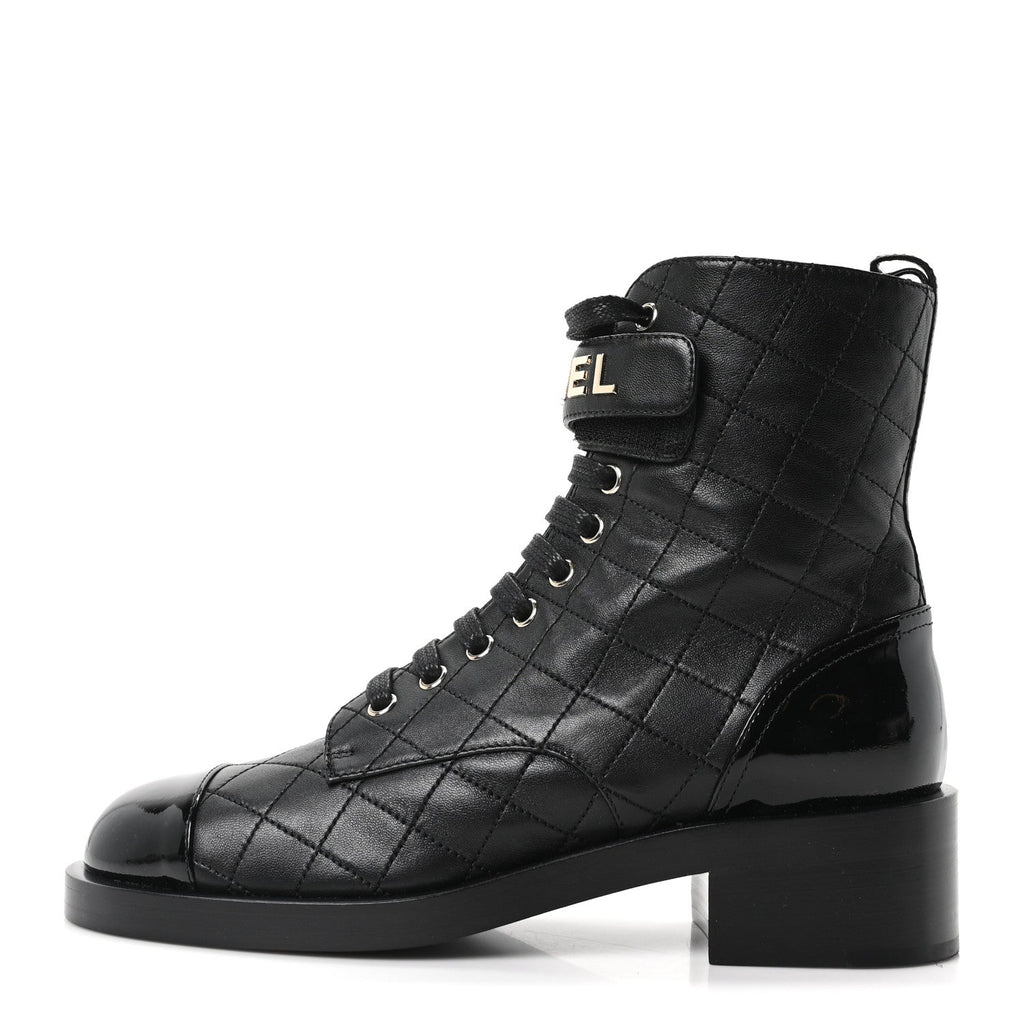 Lambskin Patent Calfskin Quilted Logo Lace Up Combat Boots 39.5 Black
