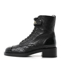 Lambskin Patent Calfskin Quilted Logo Lace Up Combat Boots 39.5 Black