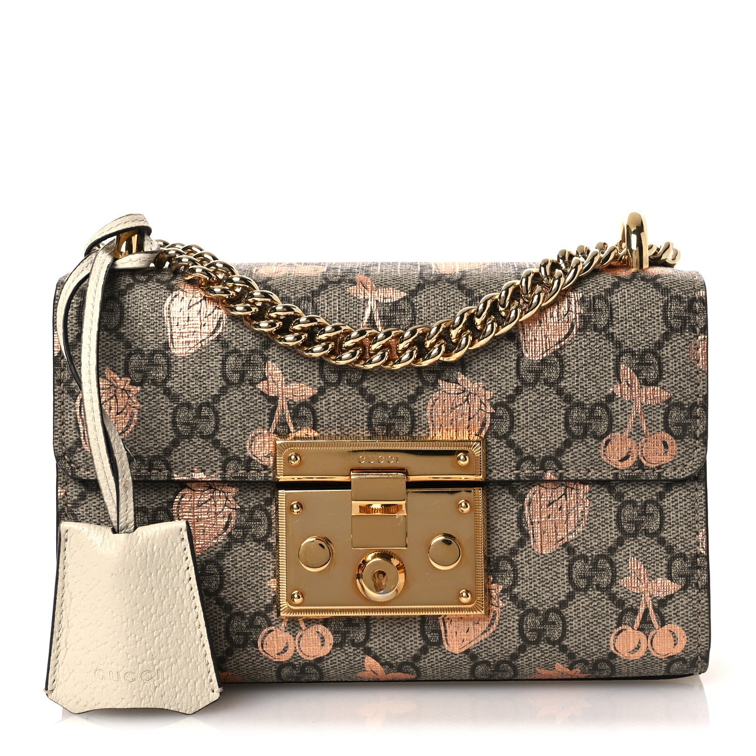 Gucci GG Supreme Monogram Berry Textured Dollar Calfskin Small Padlock Shoulder Bag Beige Ebony Light Copper Mystic White