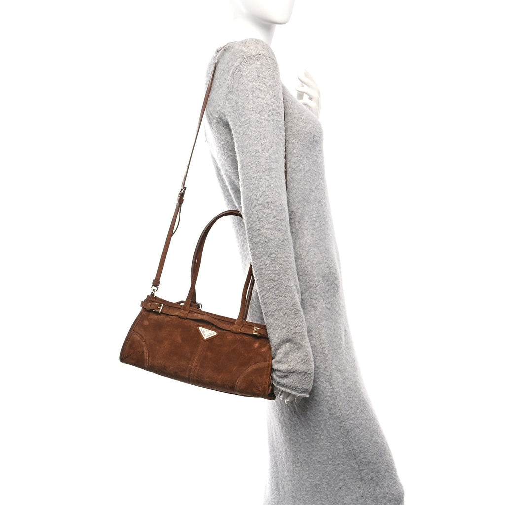 Prada Suede Triangle Medium Bonnie Shoulder Bag Cacao