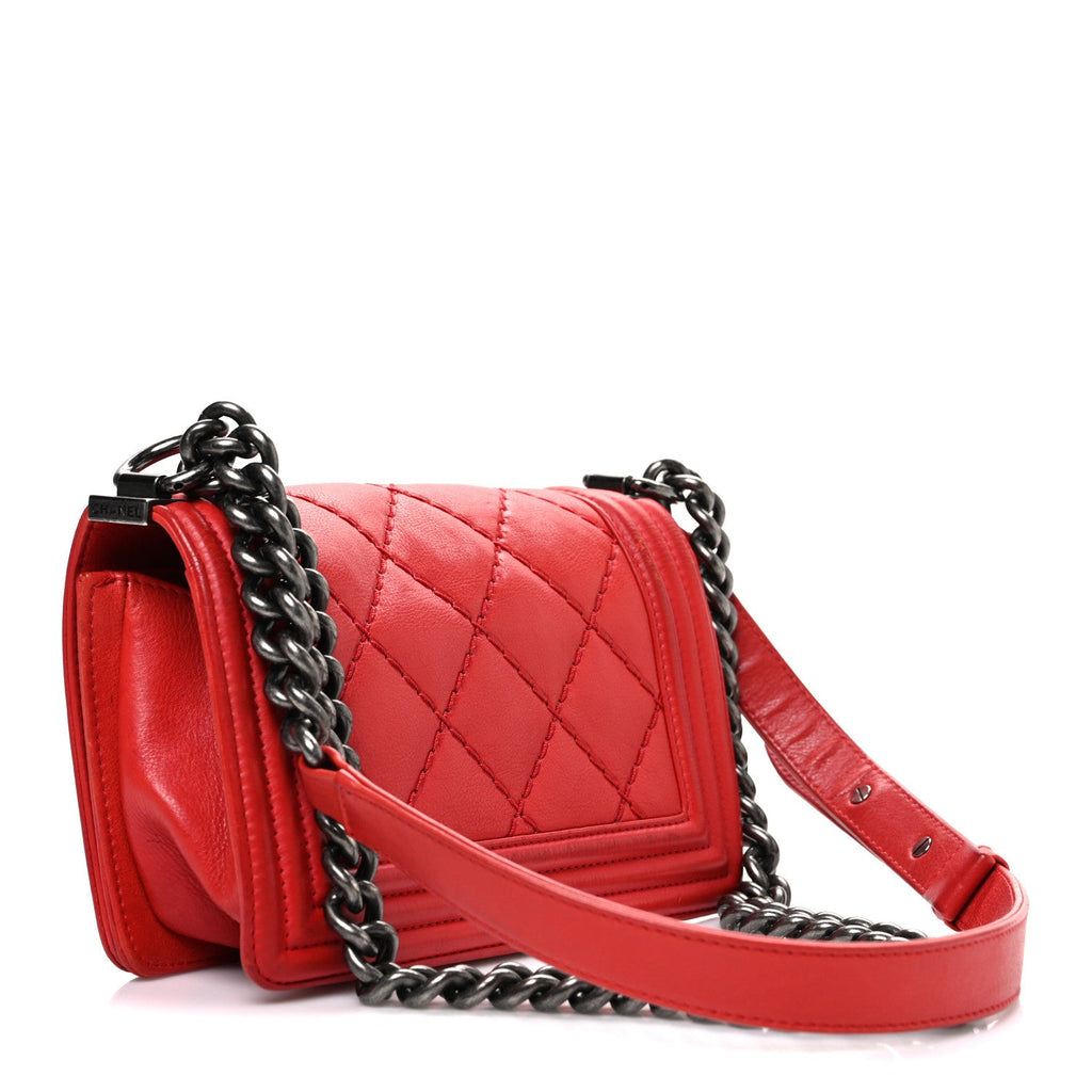 Chanel Calfskin Double Stitch Small Boy Flap Red