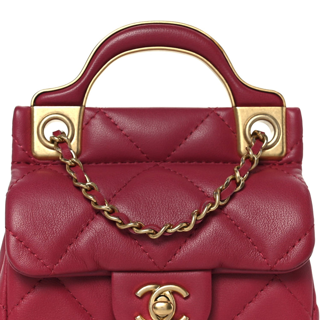 Chanel Calfskin Quilted Lady Handle Flap Card Holder With Chain Dark Pink