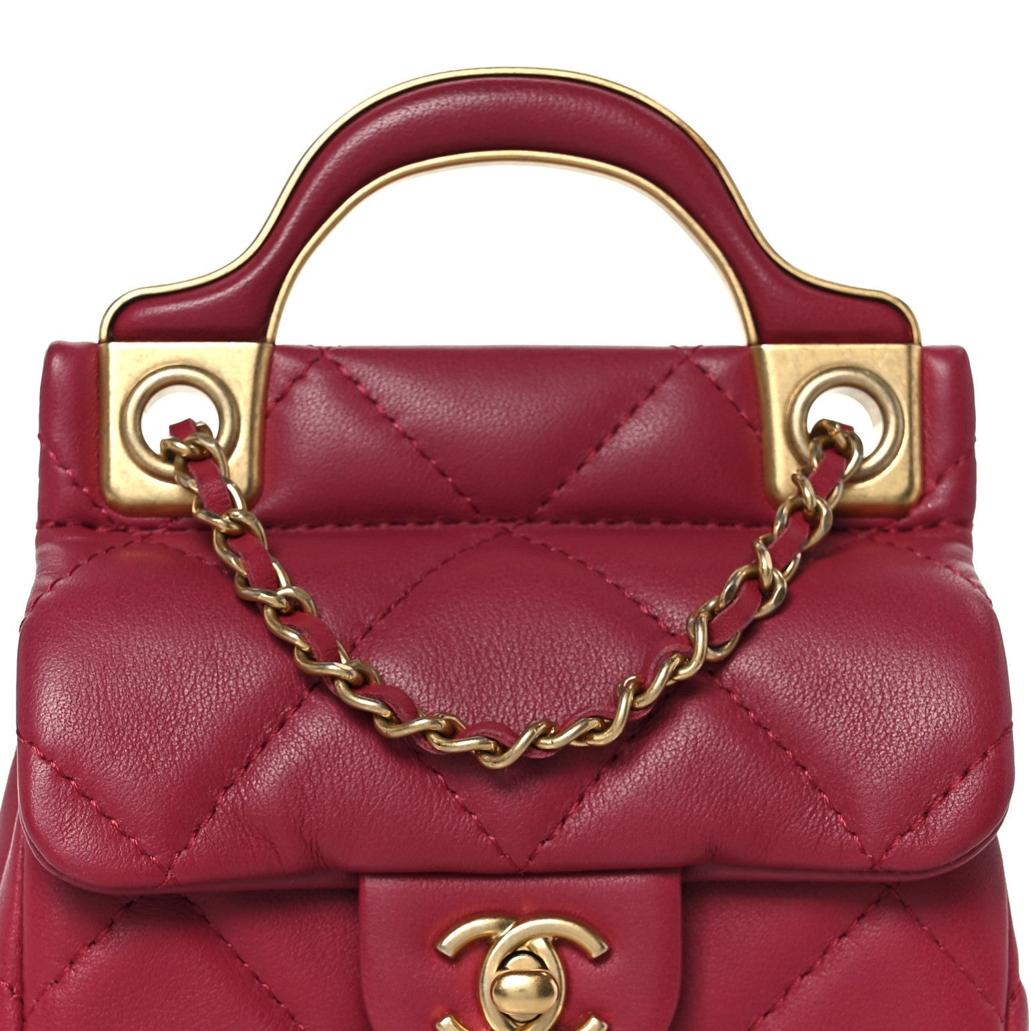 Chanel Calfskin Quilted Lady Handle Flap Card Holder With Chain Dark Pink