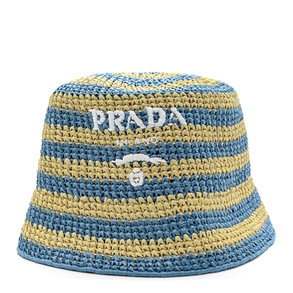 Prada Raffia Striped Logo Embroidered Womens Bucket Hat M Naturale Cielo