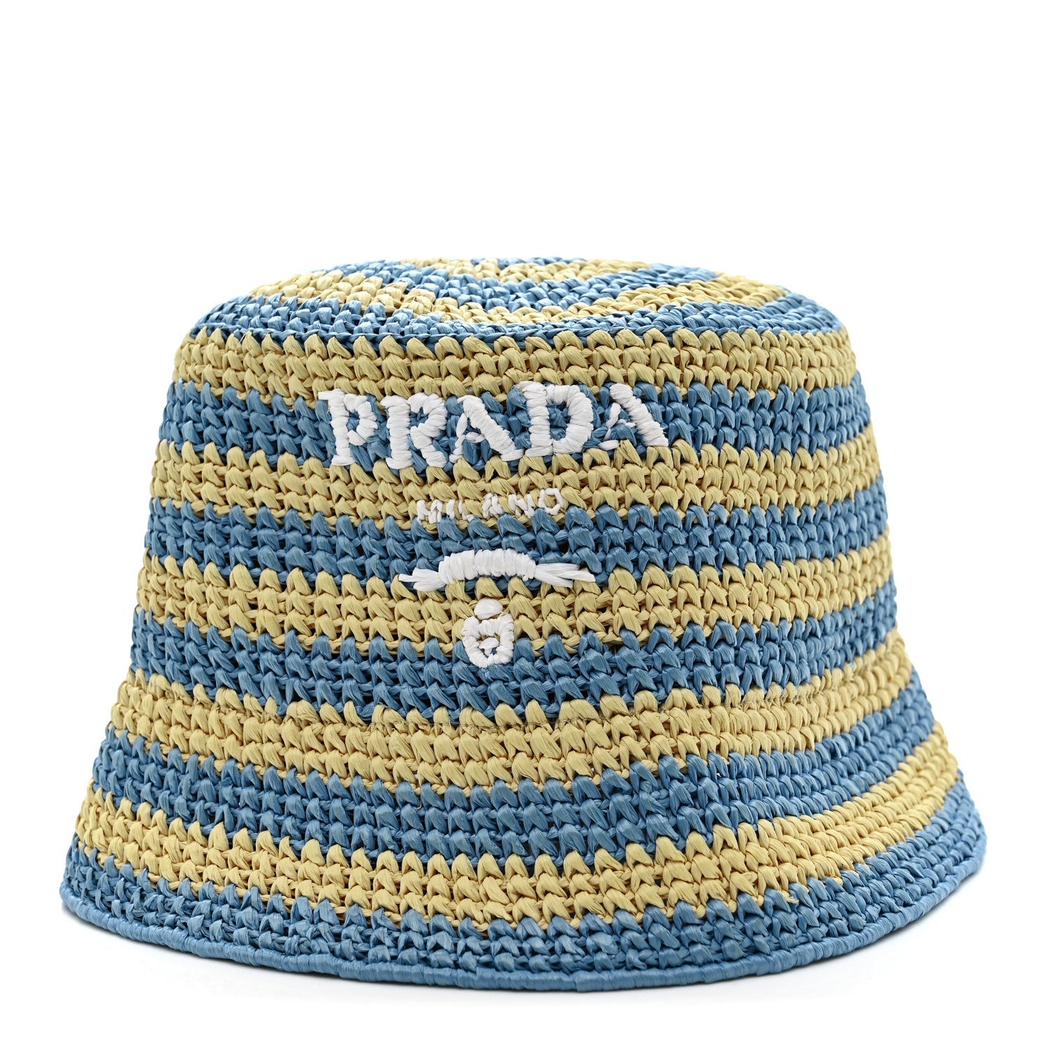 Prada Raffia Striped Logo Embroidered Womens Bucket Hat M Naturale Cielo