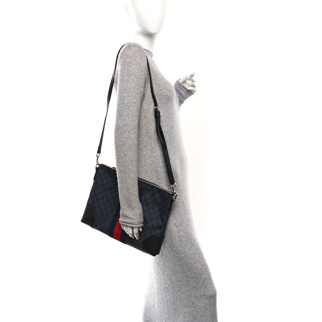 Gucci Soft GG Supreme Monogram Appia Calfskin Web East West Messenger Bag Black Grey