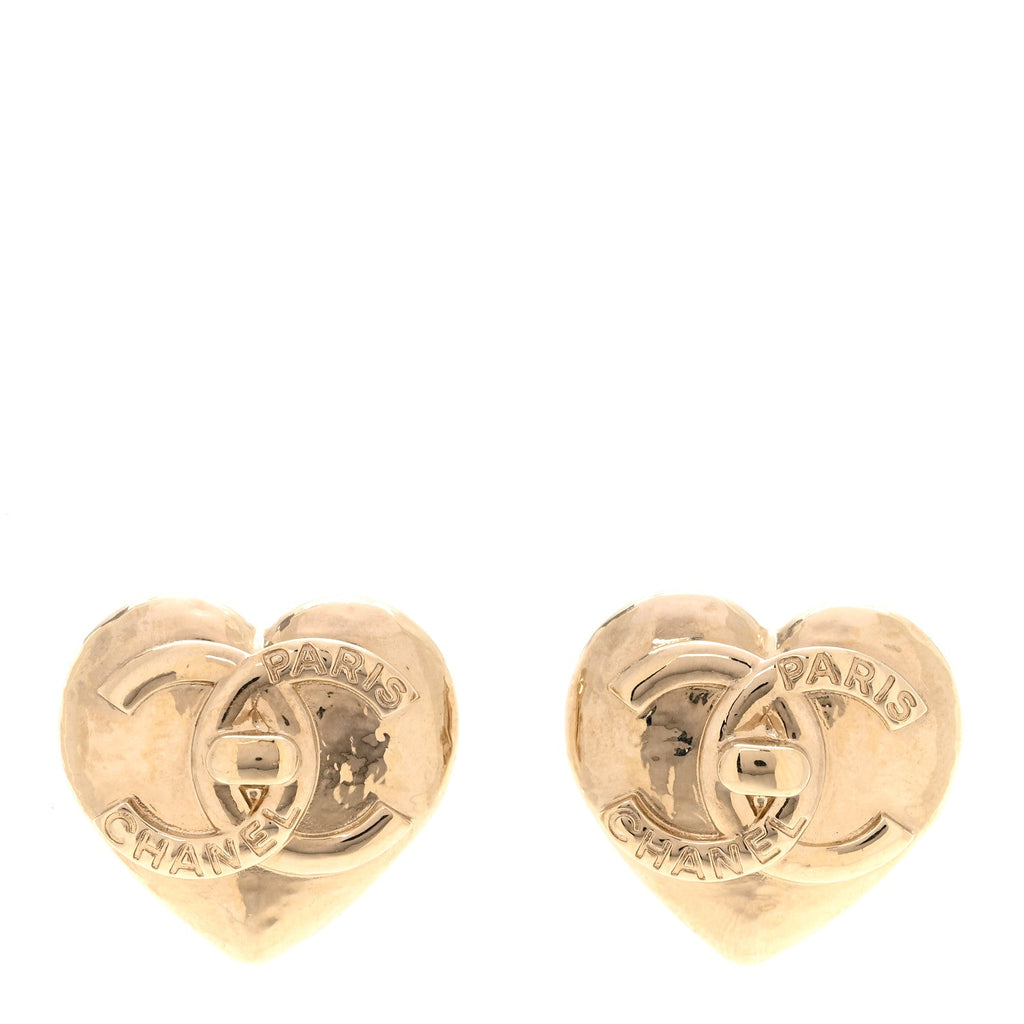 Metal CC Heart Turnlock Earrings Gold