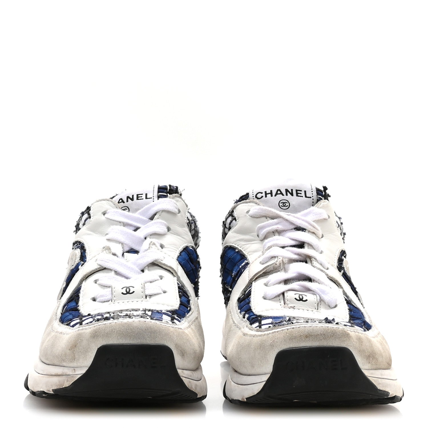 Chanel Tweed Suede Calfskin Womens CC Sneakers 39.5 Dark Blue Black Grey White