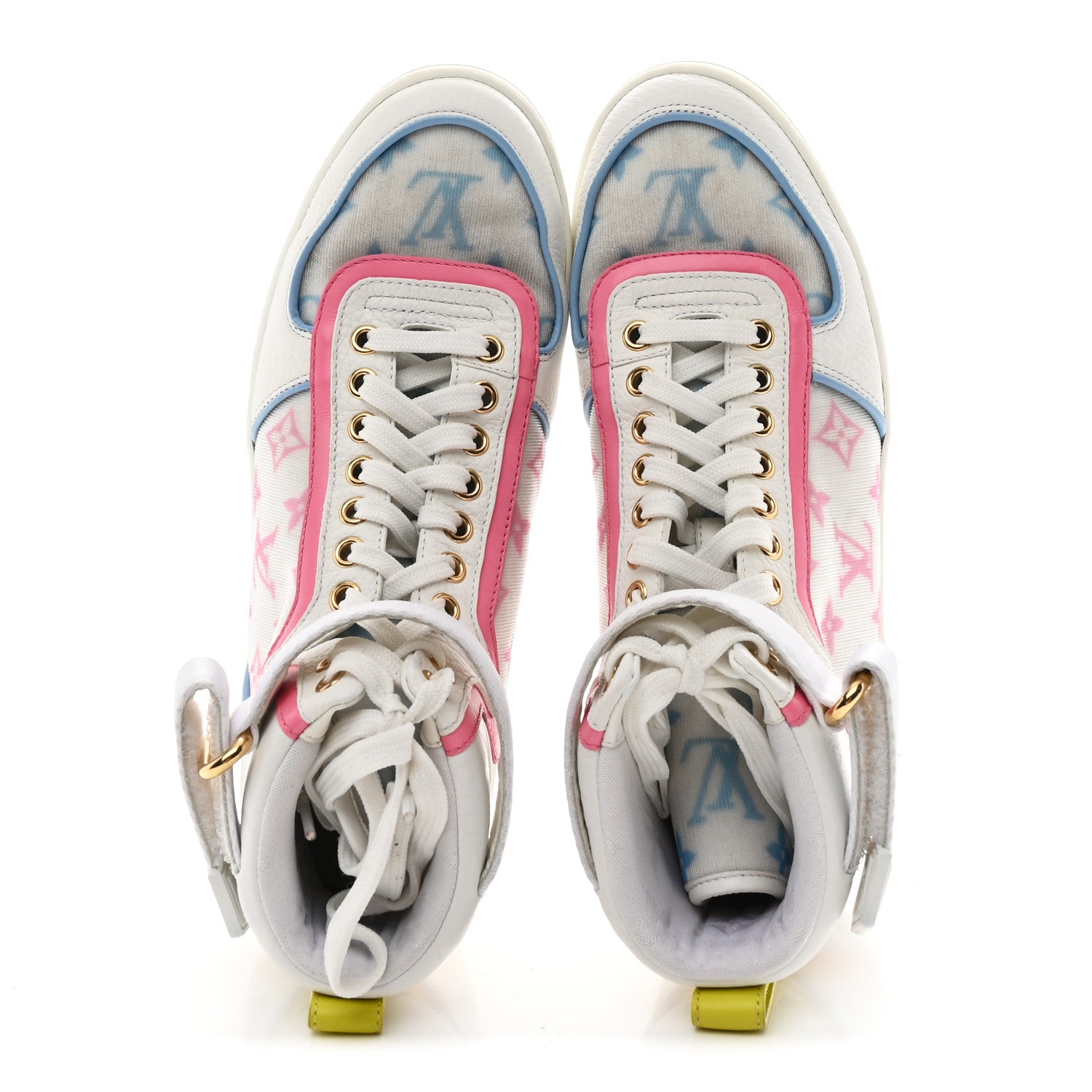 Louis Vuitton Calfskin Nylon Mesh Monogram Womens Boombox High Top Sneakers 37 Bleu Rose