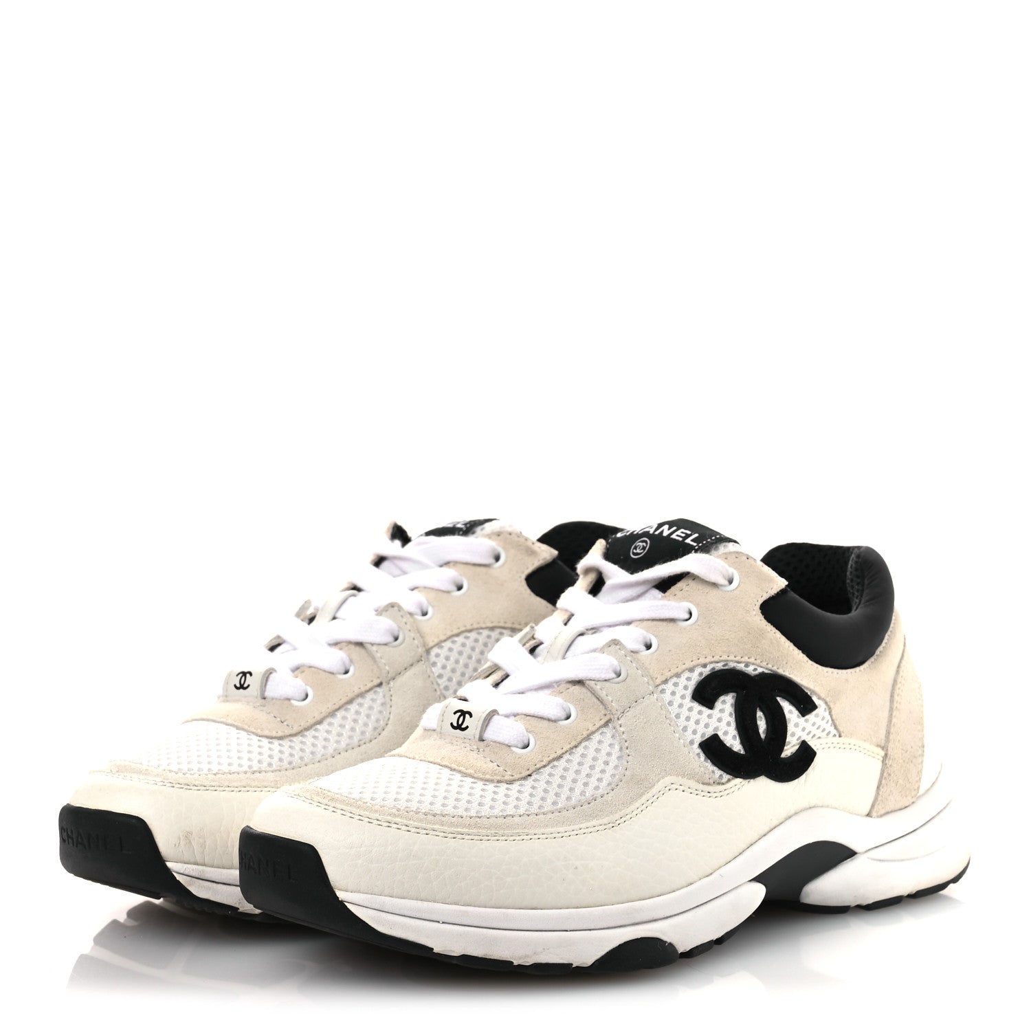 Mesh Suede Calfskin Grained Calfskin Womens CC Sneakers 37 White Black