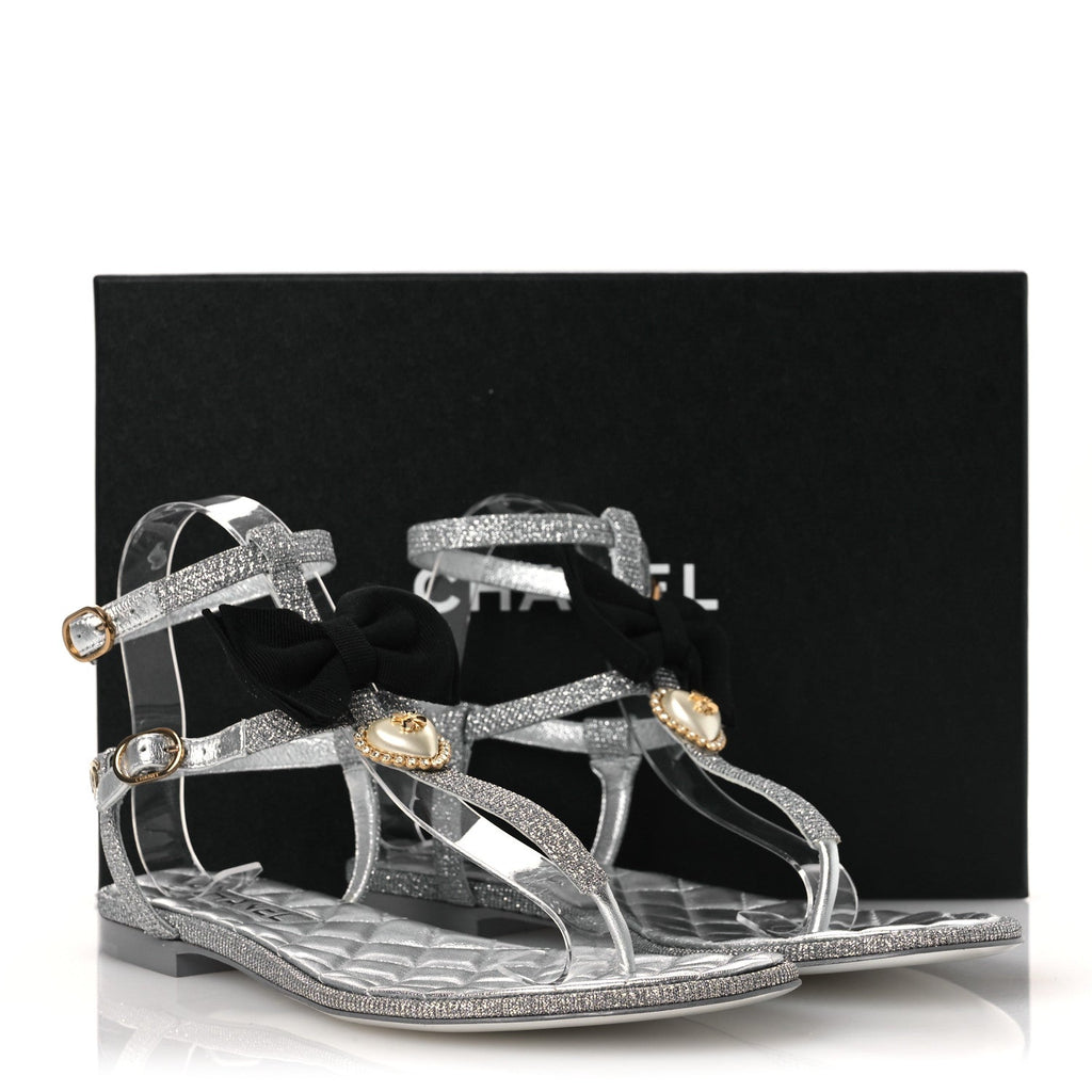 Fabric Grosgrain Pearl Crystal Thong Sandals 40 Silver Black