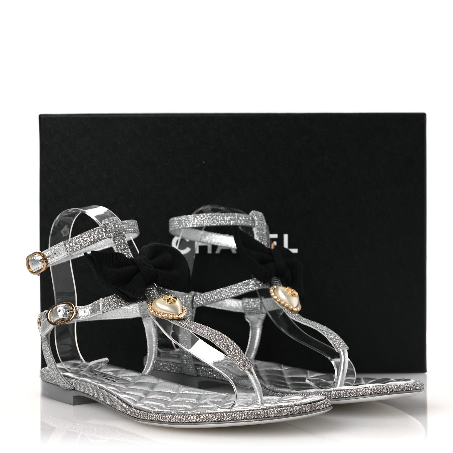 Fabric Grosgrain Pearl Crystal Thong Sandals 40 Silver Black