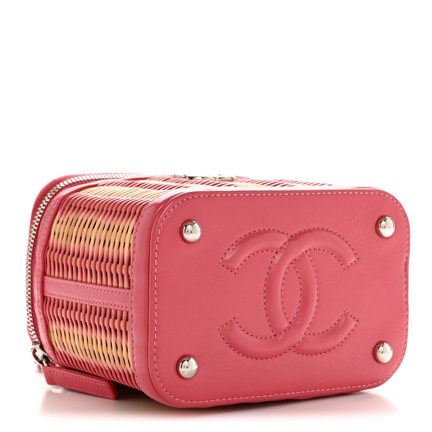 Chanel Calfskin Raffia Small Take Away Vanity Case Bag Pink Beige