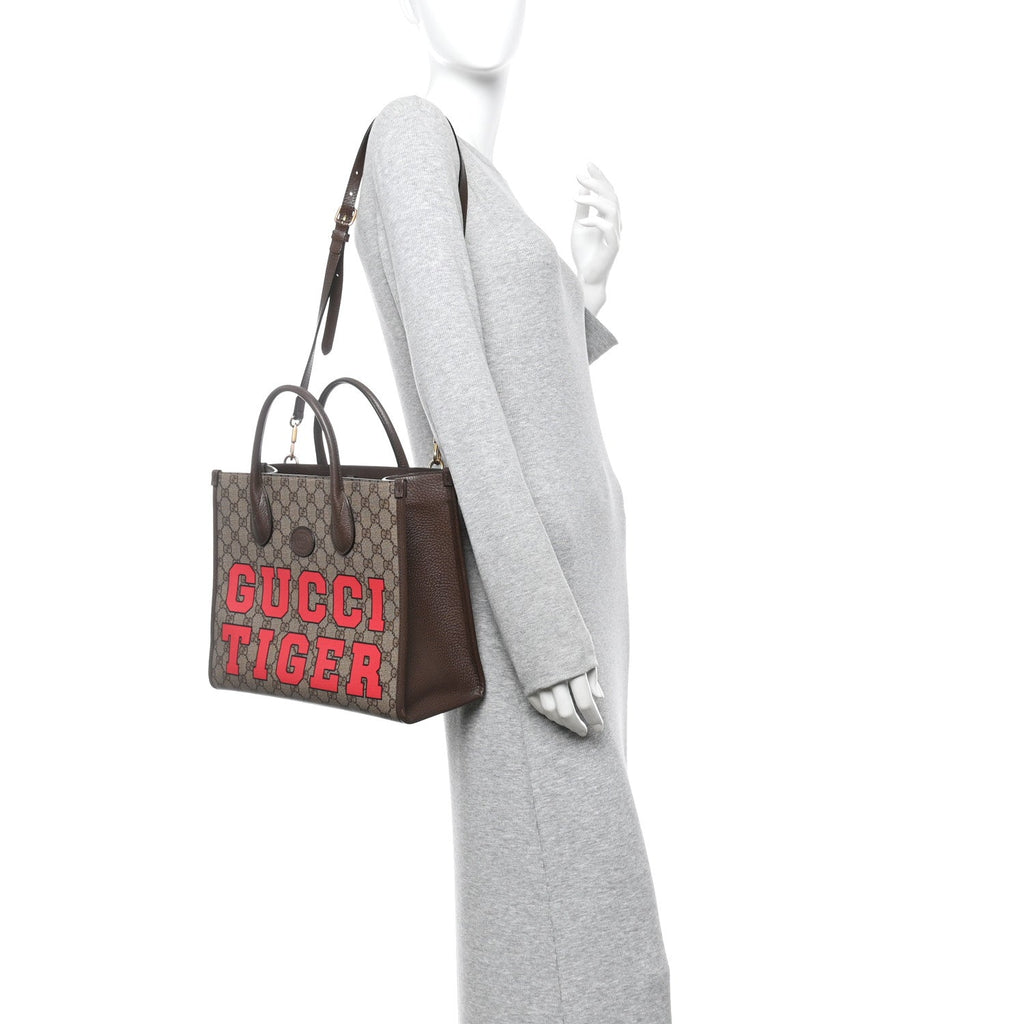 Gucci GG Supreme Monogram Textured Dollar Calfskin Web Gucci Tiger Small Retro Interlocking G Tote Bag Beige Ebony Live Red New Shamarock New Acero