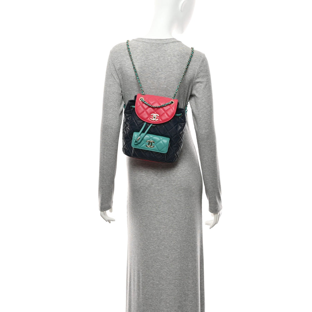Chanel Goatskin Quilted Duma Drawstring Backpack Navy Turquoise Pink