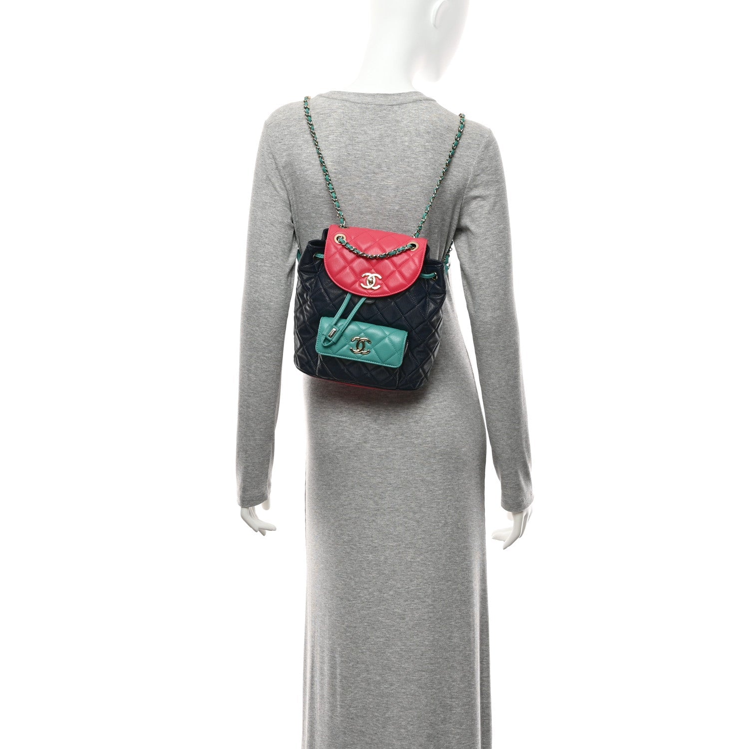 Chanel Goatskin Quilted Duma Drawstring Backpack Navy Turquoise Pink