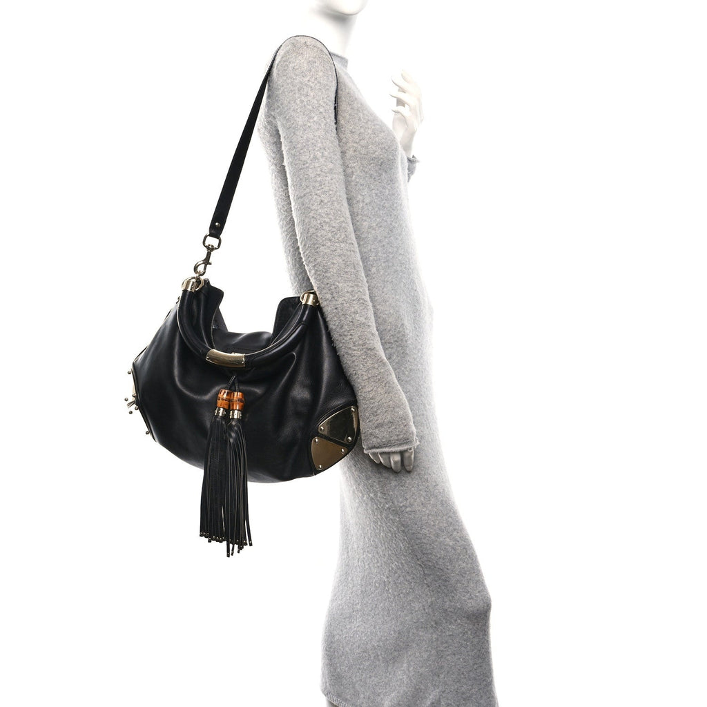 Gucci Calfskin Large Indy Top Handle Hobo Black