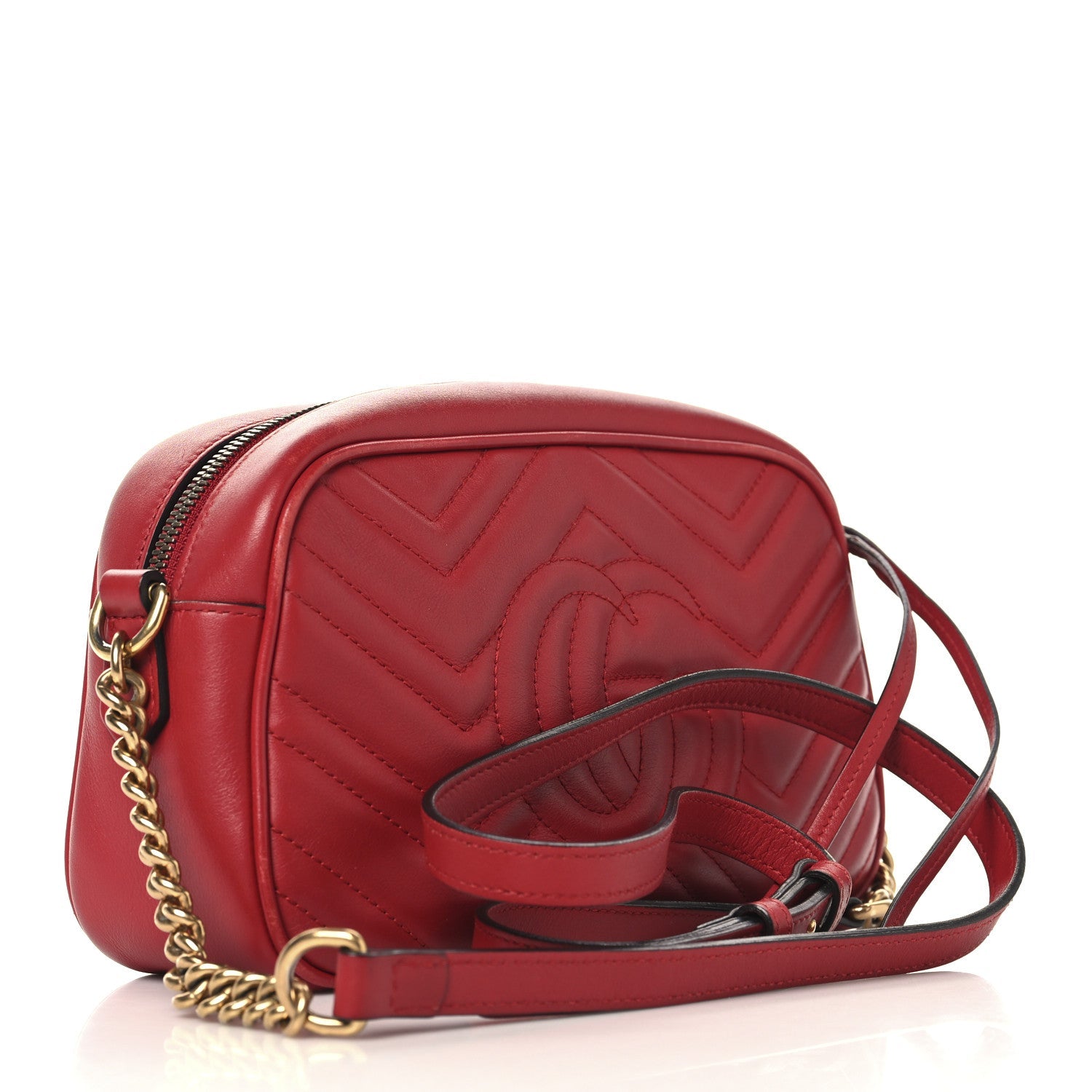 Gucci Calfskin Matelasse Small GG Marmont Chain Shoulder Bag Hibiscus Red