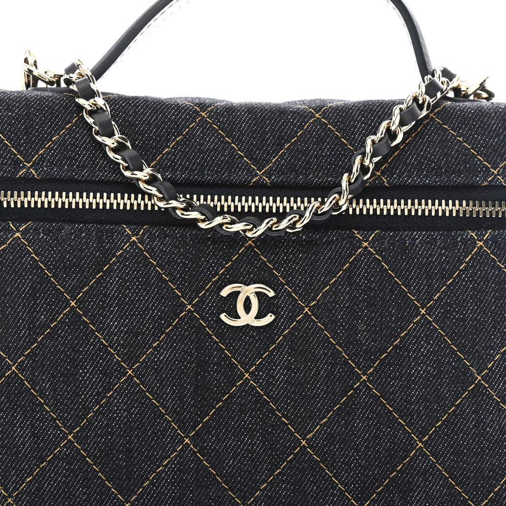 Chanel Denim Quilted Top Handle Slim Vanity Case With Chain Dark Blue Orange