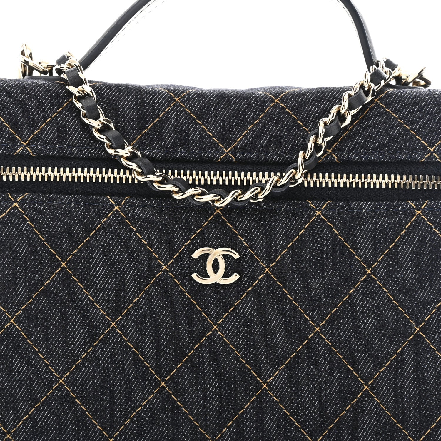 Chanel Denim Quilted Top Handle Slim Vanity Case With Chain Dark Blue Orange