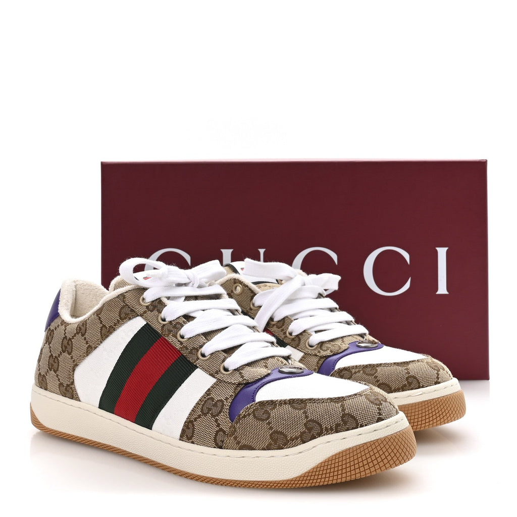 Gucci GG Supereme Monogram Calfskin Web Mens Screener Sneakers 10 Beige Ebony White Shine Purple