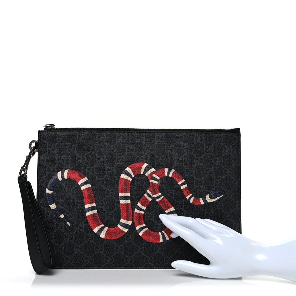 Gucci GG Supreme Monogram Kingsnake Zip Wristlet Pouch Black Grey
