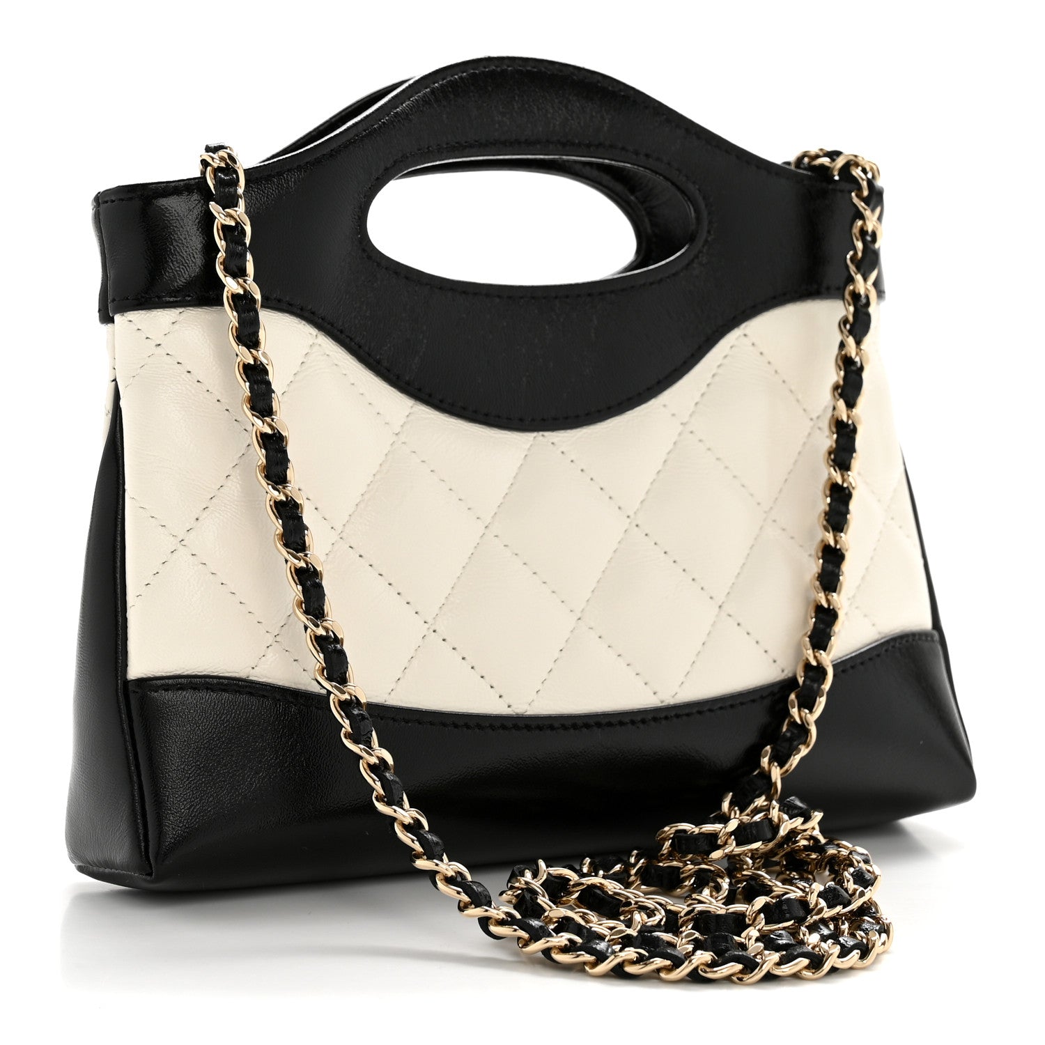 Chanel Shiny Crumpled Calfskin Quilted Nano 31 Shopping Bag White Black