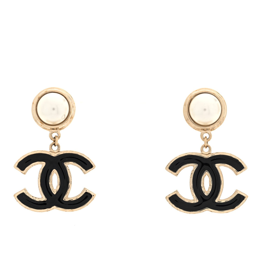 Pearl Enamel CC Drop Earrings Black