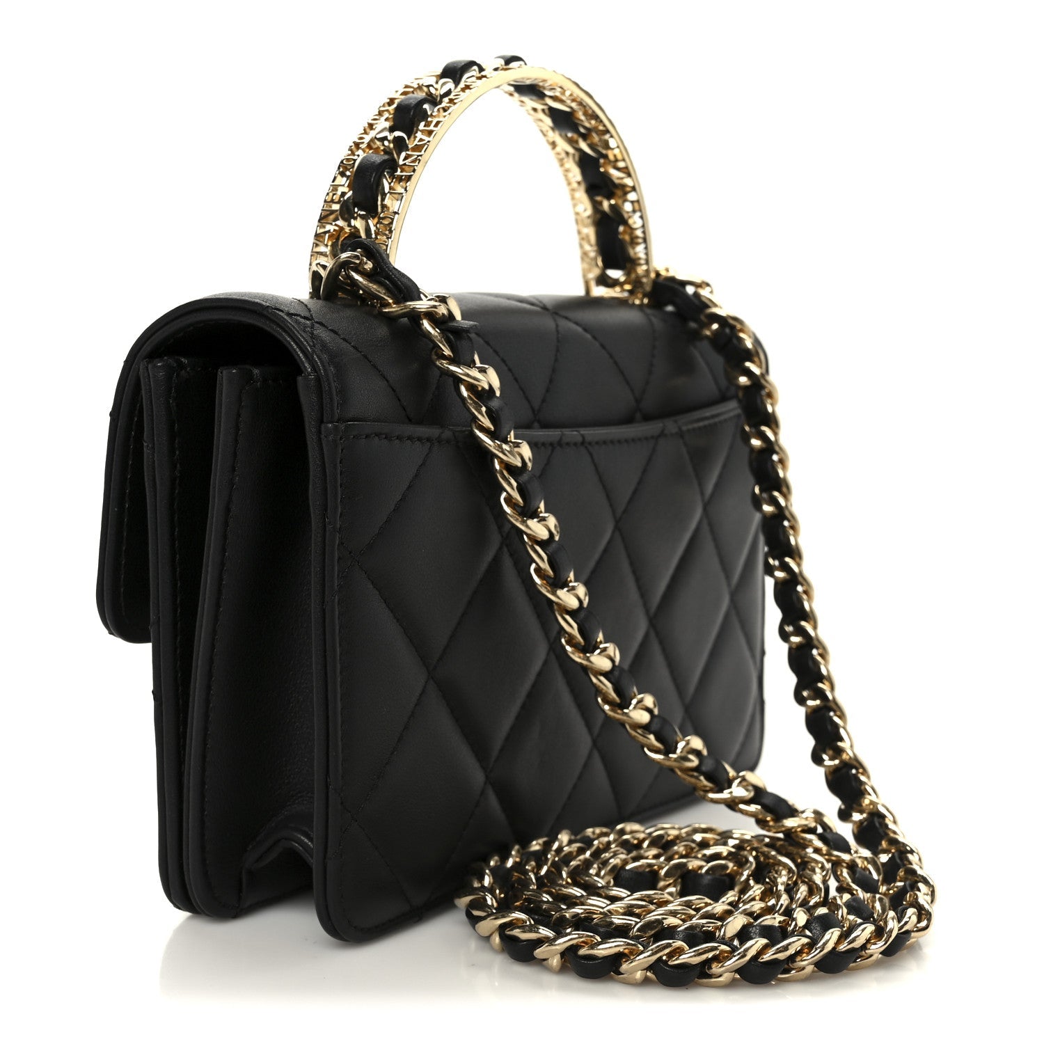 Chanel Shiny Calfskin Quilted Mini Metal Top Handle Flap Black