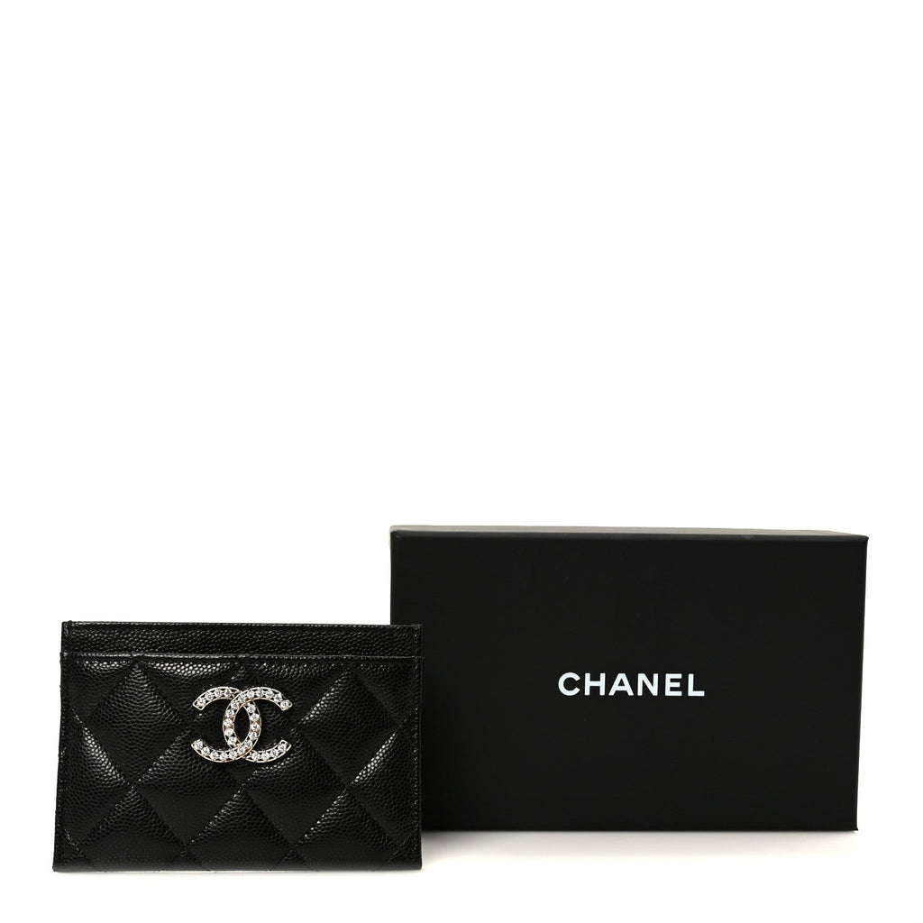 Caviar Quilted Crystal Card Holder Black