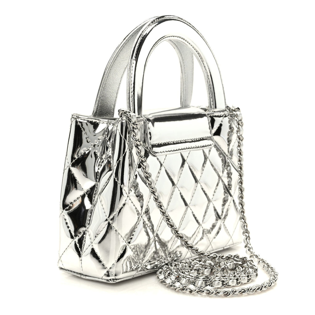 Chanel Mirror Calfskin Metallic Calfskin Quilted Nano Kelly Shopper Silvery
