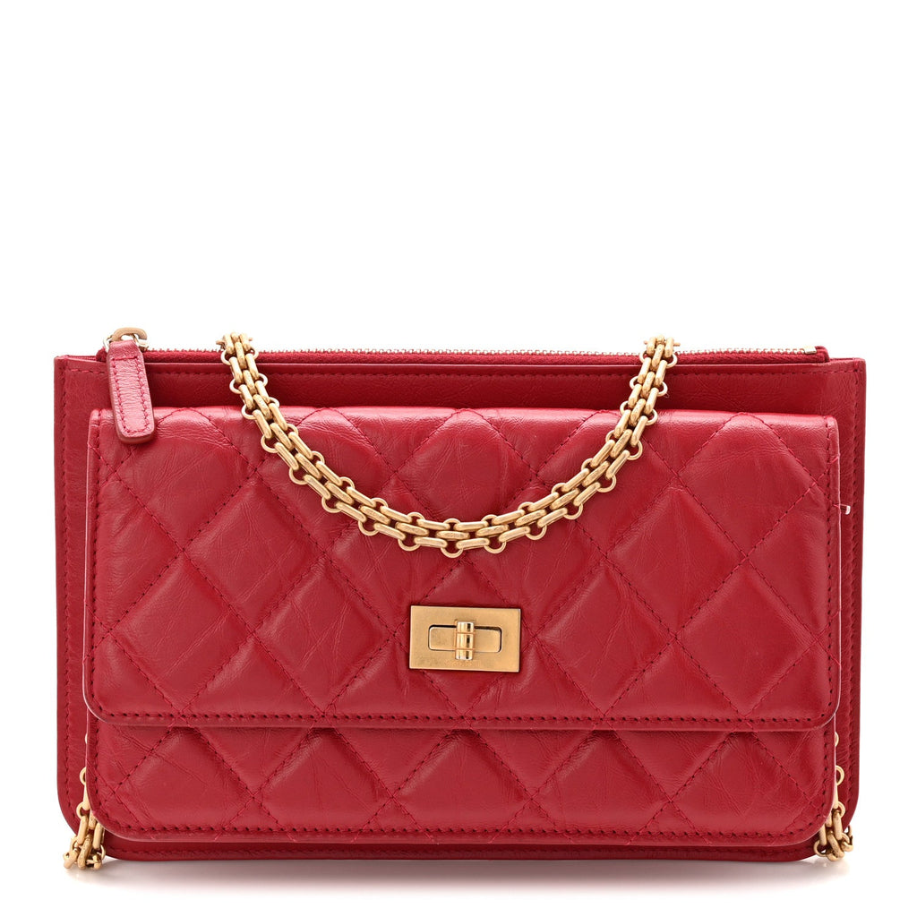 Aged Calfskin Quilted 2.55 Reissue Chain Wallet Red